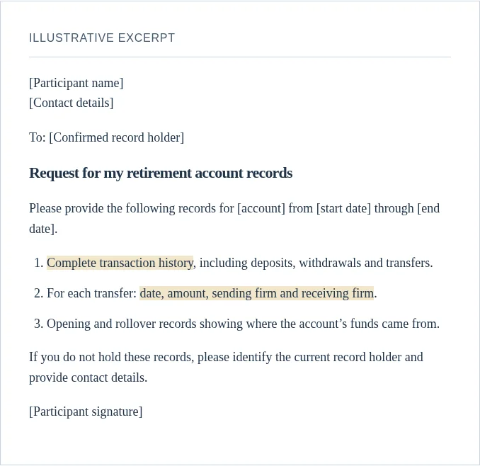Preview of a participant letter requesting transaction data and transfer details